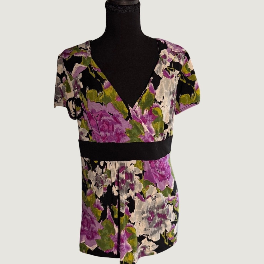 AB Studio Womens Purple Green Floral Empire Waist V-Neck Tunic Top Blouse Size M